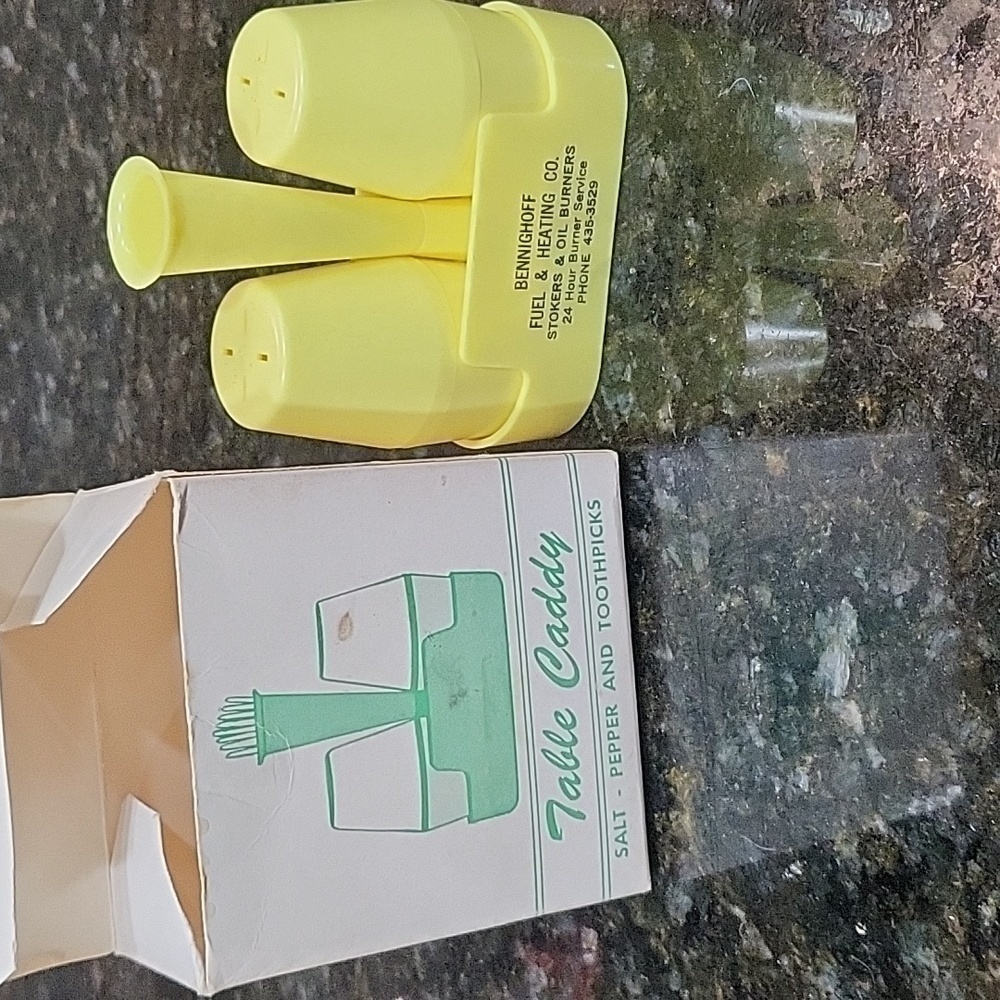 Vintage Table Caddy Yellow Salt Pepper Toothpicks  Bennighoff Fuel & Heating Co